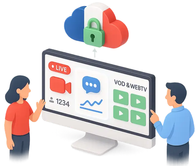 Illustration d’un homme et d’une femme devant un écran d’ordinateur affichant une interface de live streaming en direct, VOD et WebTV, avec une icône de cloud sécurisé aux couleurs de la France symbolisant l’hébergement vidéo sécurisé et la protection des données en France.